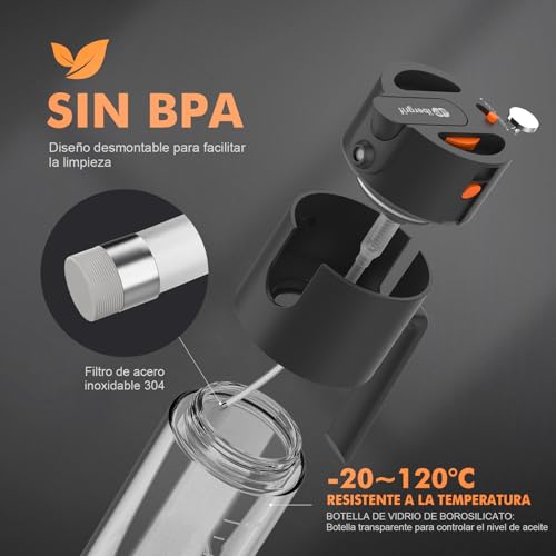 Miniatura 7 de Ibergrif 2 En 1 Pulverizador De Aceite 500ml Rociador De Aceite Con Escala, Altura 202mm, Aceitera Spray De Vidrio De Borosilicato, Antigoteo Para Freidora De Aire, Barbacoa, Ensaladas, Negro, M530b