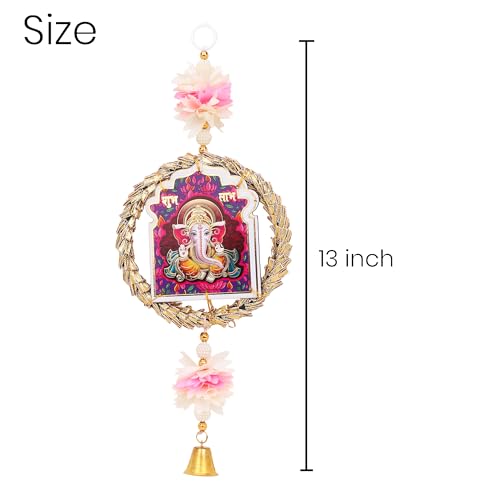 Image of Akaar Decor Lakshmi Ganesha Hanging Set of 2 | Floral Wall Hanging with Golden Wreath Frame, Pearl Beads & Bell | Diwali Decoration, Pooja Room, Temple & Home Entrance Decor
