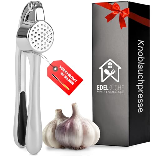 EdelKüche Premium Knoblauchpresse für Knoblauch & Ingwer (ohne Schälen) | Spülmaschinenfest | Ingwerpresse, Küchenutensil, Küchenwerkzeug | Praktisch und Pflegeleicht | Einfaches Pressen (Chrom)