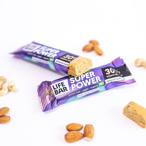 Lifefood High Protein Riegel - SuperPower 30% Proteinriegel - Protein Bar, Eiweißriegel Snack, BIO Vegan, Glutenfrei, Laktosefrei, Ohne Zuckerzusatz - 15er Pack (15 x 40 g) (Almond Cookie)