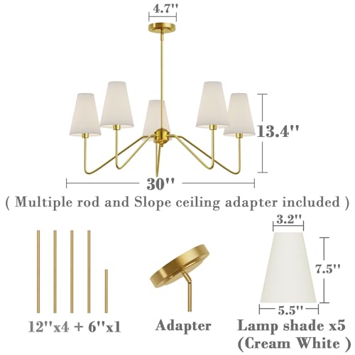 Electro bp;30" Dia 5-Arm Classic Chandeliers Polished Gold with White Linen Shades,Ceiling Light Fixture for Dining Room,Living Room,Entryway,E12,200W - Image 6