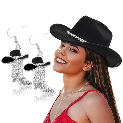 Aswitnove 2 Pcs Cowboy Hat Rhinestone Cowgirl Boots Earrings Set Western Earrings Felt Fedora Jazz Hat Rodeo Outfit for Women Men Black