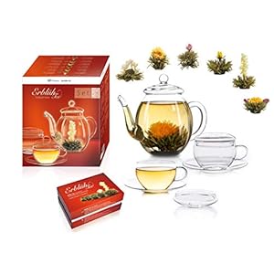 Creano Theebloemenmix – Cadeauset “Erblühtee” Gourmet Set met glazen pot 0,5l en 2 theekopjes 200ml witte thee (6 verschillende soorten)