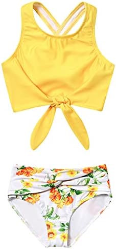 Mirawise Swimsuits for Girls 2 Piece Kids Tankini Yellow Floral Swimsuit 7-8 9 8 Bikini