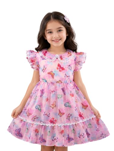 Image of TAGAS Girls Floral Dress | Lavender Flower Print Dressess for Kids | Soft Summer Frock| Casual Birthday & Occasion Wear|