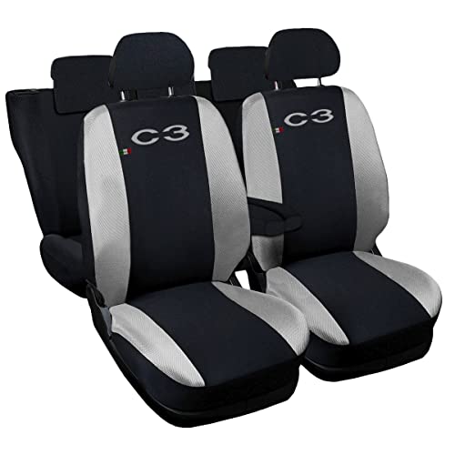Lupex Shop Housses de siège Auto compatibles avec Le C3, Made in Italy, Tissu Polyester, Jeu Complet de sièges Avant et arrière (Noir - Gris Clair)