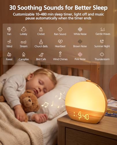 Tempospark Wood Grain White Noise Sound Machine Sunrise Alarm Clock with 30 Soothing Sounds, 17 Night Lights, Bluetooth Speaker Wake Up Light Alarm Clocks for bedrooms, Heavy Sleepers, Baby, Kids - image 3