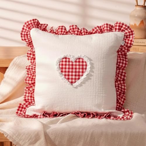 Image of Sleepy Threads Cotton Cushion Cover 16 Inches x 16 Inches, Checkered Frilled Border with Cute Red Heart Decorative and Soft Sofa Cushion Cover for Living Room, Bedroom, Couch and Home Decor