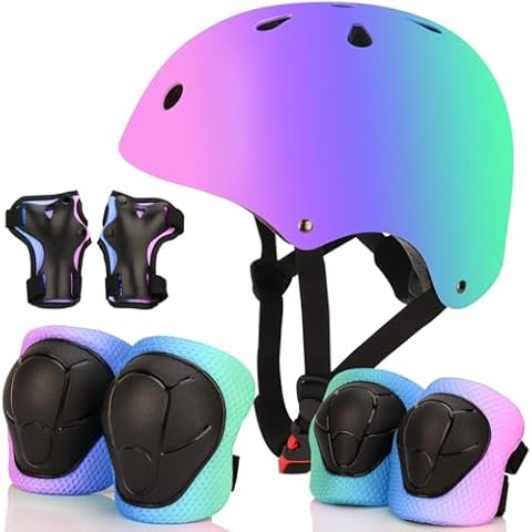 Color Gradient Adjustable Bike Helmet with Knee and Elbow Pads - Kids Toddler Boys and Girls Skateboard Helmet for Ages 3-14 | Ideal for Riding, Scooters, Inline Skating, Longboarding, Roller Skating Cover