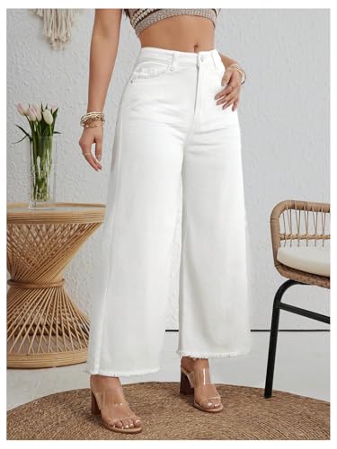 WDIRARA Women's Frayed Hem Denim Palazzo Pants High Waist Wide Leg Baggy Jeans with Pockets3