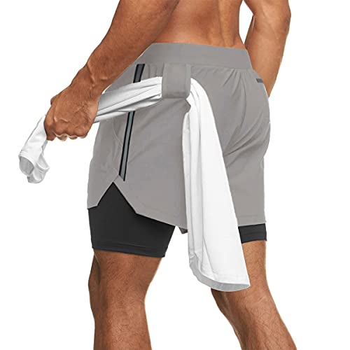 Yageshark Pantalones cortos deportivos 2 en 1 para hombre, pantalones cortos de verano, pantalones cortos de secado rápido, pantalones cortos de entrenamiento, con bolsillo con cremallera, gris, S Cover