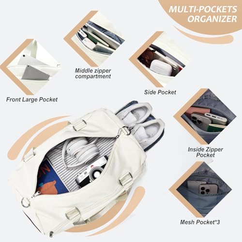 Image of Gym Bag for Women Men with Shoe Compartment,Waterproof Sports Duffle Bag for Travel Weekender Overnight Carry on Bag Gym Tote Bags Workout Bag for Swimming Yoga Hospital Holdalls Beige