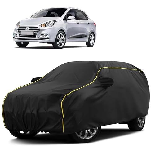 Image of Sulfar 100% Water Resistant Car Body Cover Compatible with Mirror for Hyundai Xcent (Triple Stitched, Full Bottom Elastic, Black Taffeta with Yellow Piping)