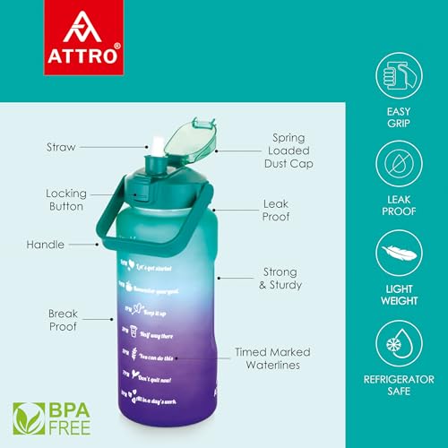 Image of ATTRO Motivational 2 Liter Quotes & Time Marker Dual Colour Sports Bottle With Easy to Carry Handle & Straw BPA Free, Leak Proof for Gym, Office, Workout- Green Purple, Plastic