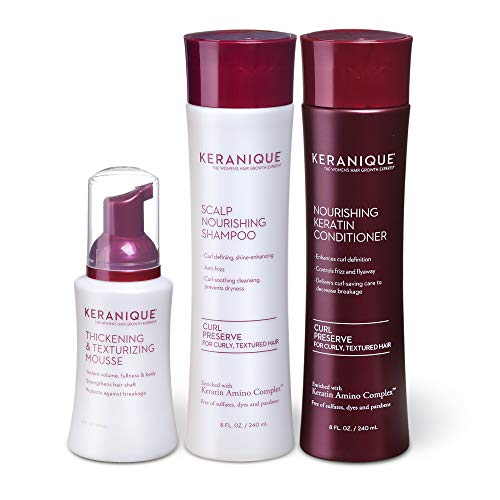 Keranique Hair Thicker Stronger Hair 60 Days System with Keratin Shampoo, Conditioner and Texturizing Mousse for Curly Thinning Hair, Paraben/Sulfates Free, Maintains Body and Volume
