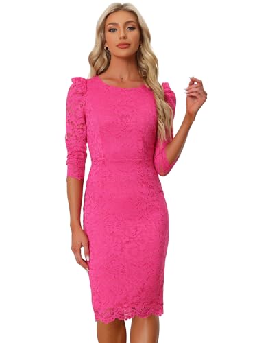 Allegra K Women's Elegant Lace Dress 3/4 Sleeve Business Wedding Guest Cocktail Bodycon Dress