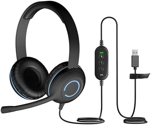 Cyber Acoustics Stereo USB Headset (AC-5008A), in-line Controls for Volume & Mic Mute, Adjustable Mic Boom for PC & Mac, Perfect for Classroom or Home
