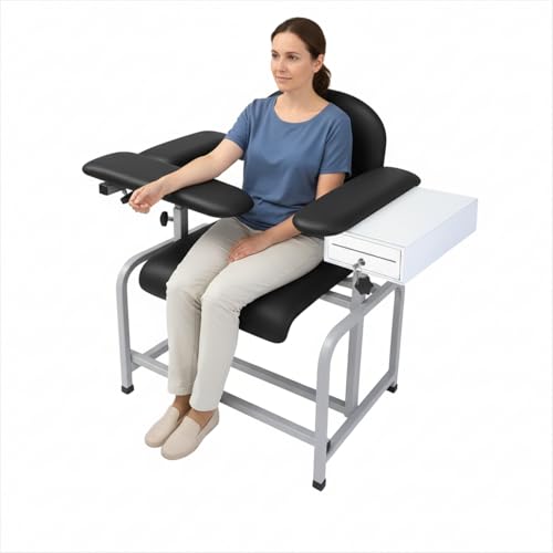 Phlebotomie-Stuhl mit verstellbarer Armlehne und Schublade für Kliniken, Pflegezentren und Spas, 120 kg Gewichtskapazität, leicht zu reinigender mittelgroßer Laborstuhl mit Sitz aus PU-Leder