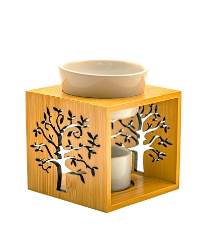 LivuX Lámpara aromática – Humidificador con estructura de madera de árbol de la vida, cuenco de porcelana y portavelas, 11 cm de alto, 9,5 cm de ancho, difusor natural 1122