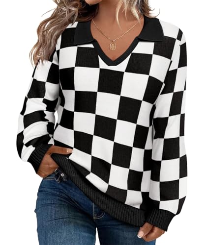 Image of CARCOS Plus Size Sweaters for Women Long Sleeve Pullover Sweaters Lapel Collared Vneck Knit Jumper Tops Fall Winter XL-5XL