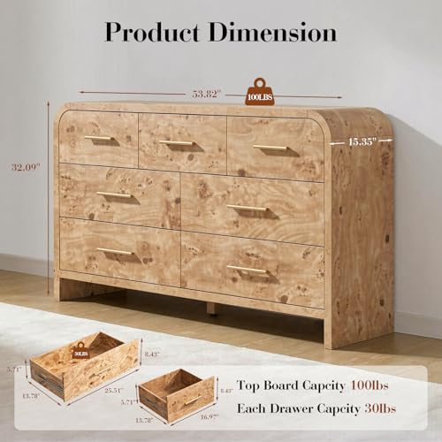 Image of Curved Drawer Dresser for Bedroom with 7 Drawers, 54'' Wide Chest of Drawer