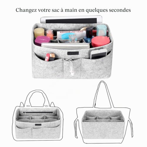 Ropch Sac à main en feutre avec poches multiples, Gris Clair, XL – vue 2