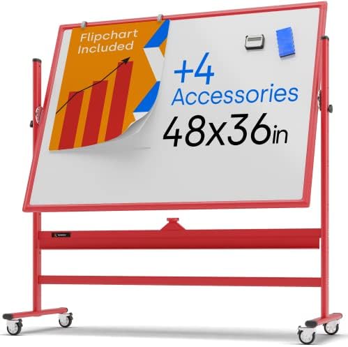 Rolling Magnetic Whiteboard 48 x 36 - Large Portable Dry Erase Board with Stand - Double Sided Easel Style Whiteboard with Wheels - Mobile Standing Whiteboard for Office, Classroom & Home
