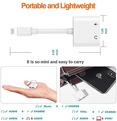 [Apple Mfi Certified] Iphone Headphones Adapter & Splitter, 2 In 1 Dual Lightning Charger Cable Aux Audio Adapter Converter For Iphone 12/11/Xs/Xr/X/8/7/6/Ipad, Support Calling+Charging+Music Control #TOP7