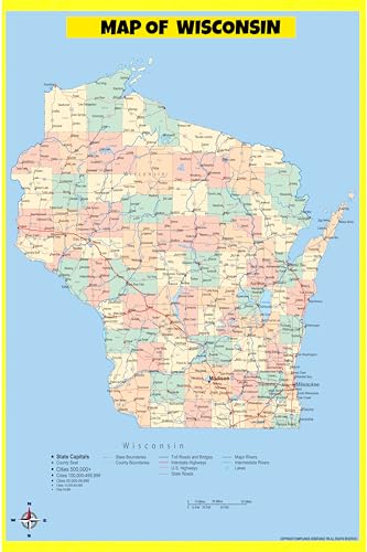 Map Of Wisconsin Style A - 24x36 - Laminated Wall Map Poster for Homes, Classrooms and Offices - Vivid Colors, Easy to Read, Clean Layout