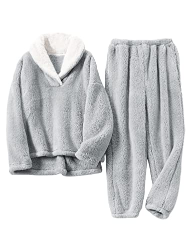 Faleave Womens Winter Fluffy Pajamas Set Warm Fleece Pants Pullover Plush Sleepwear Grey L