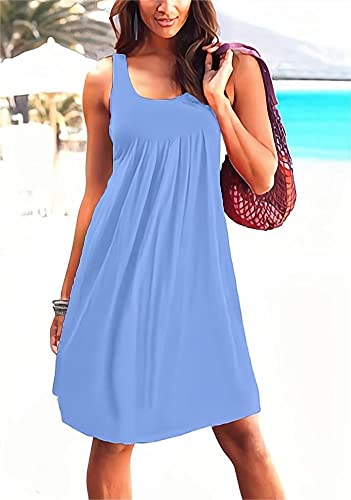 Image of Camisunny Women Casual Loose Tank Dresses Sleeveless Beach Vacation Dress Swing Pleated U Neck Fashion Soft