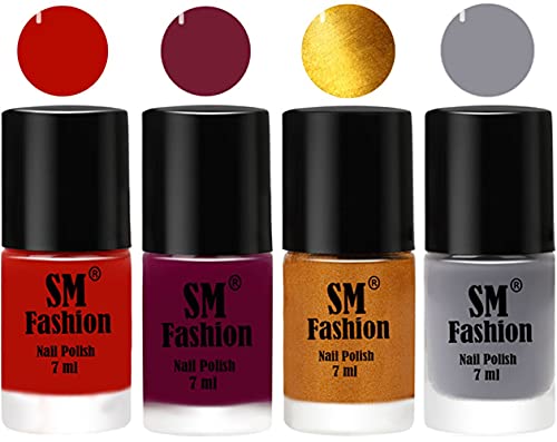 Image of Nail Polish Combo Set (Pack of 4) Quick Dry Gel Finish Nail Paint | Red Orange,Mulberry,Golden,Gray | 7 ml Each
