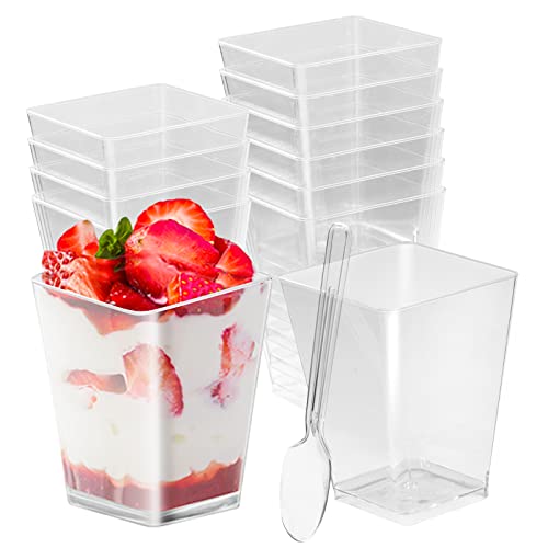 MoonSing Tazas de Postre, 50 Piezas Vasos de Postre con Cucharas Transparente, 160ml Reutilizables Vasitos Aperitivos Cuadrados de Plastico, para Fiesta de Mini Postres, Mousse, Tiramisú, Pudín Cover