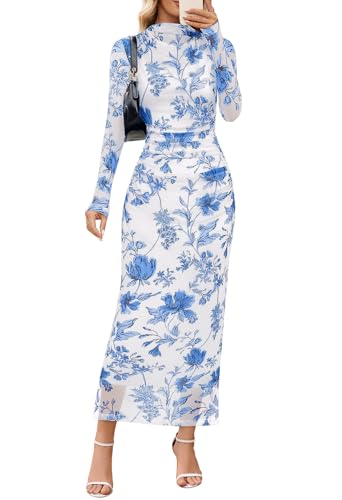 MEROKEETY Women's Spring Wedding Guest Dress 2026 Long Sleeve Bodycon Floral Mesh Fall Cocktail Holiday Party Maxi Dresses, White Blue, L