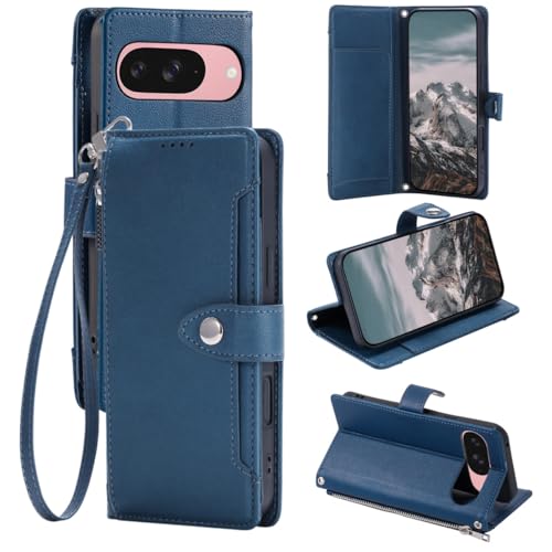 Étui pour Google Pixel 7A bleu foncé en cuir avec fermeture éclair