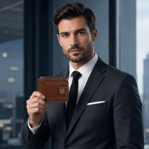 Image of Men Wallet, Vintage PU Leather Multi-Card Zipper Wallet with 8 Card Slots and Coin Pocket Large Capacity Buckle Credit Card Holder Wallet with Zipper (C, Dark Brown)