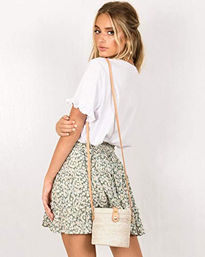 Alelly Women's Summer Cute High Waist Ruffle Skirt Floral Print Swing Beach Mini Skirt Green - Thumbnail 7