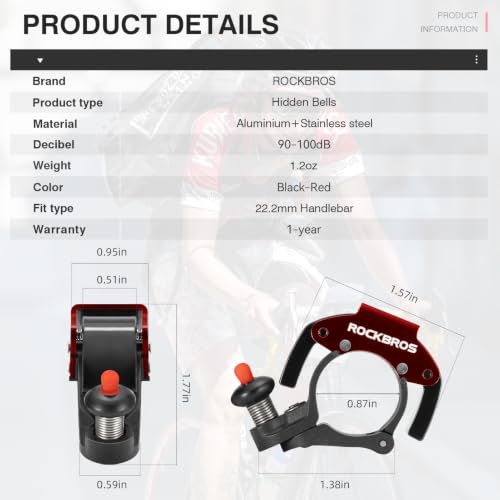 Image of ROCKBROS Bike Bells Hidden Bells for 0.87 in Handlebars More Than 100dB | Three Colors Bicycle Bells to Match Clear & Long Sound Ringer, Mountain Bike, Scooter, Youth Bike for Adults and Kids
