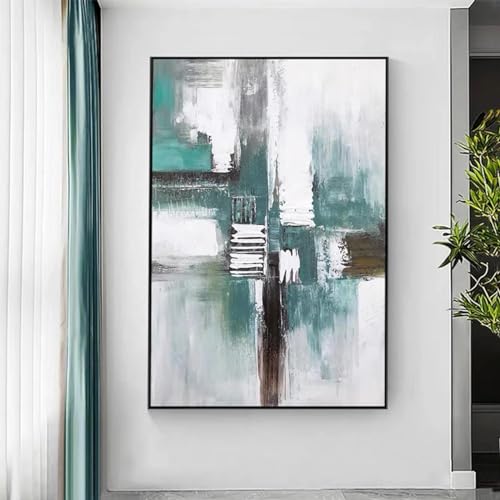 Art mural abstrait vert blanc peinture sur toile géante décoration épurée