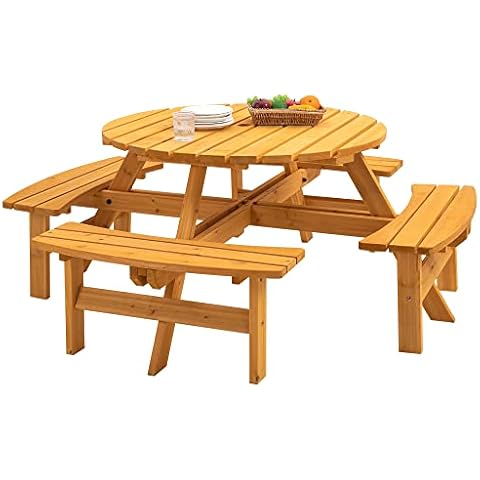 KUFUH 43" Round Wooden Picnic Tables with Umbrella Hole for 4-8 Person, Heavy Duty Picnic Tables with Benches for Outdoors Picnic Tables for Commercial, Natural Cover