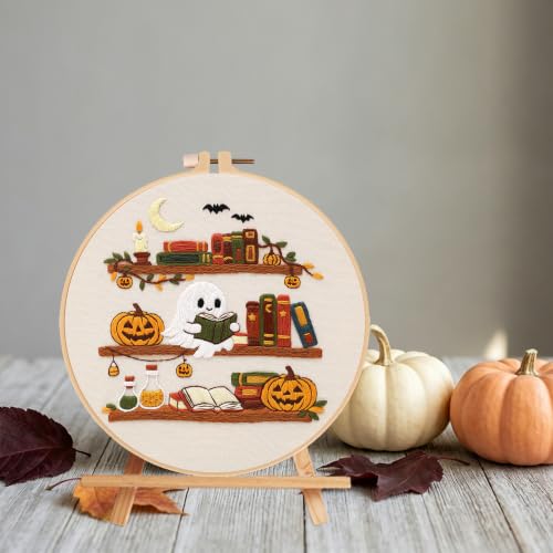 Image of Nuberlic Halloween Ghost Reading Embroidery Kit for Beginners | Easy Spooky Bookshelf Design, Cross Stitch, Complete Starter Kit with Hoop, Pre-Printed Fabric, Threads & Needles