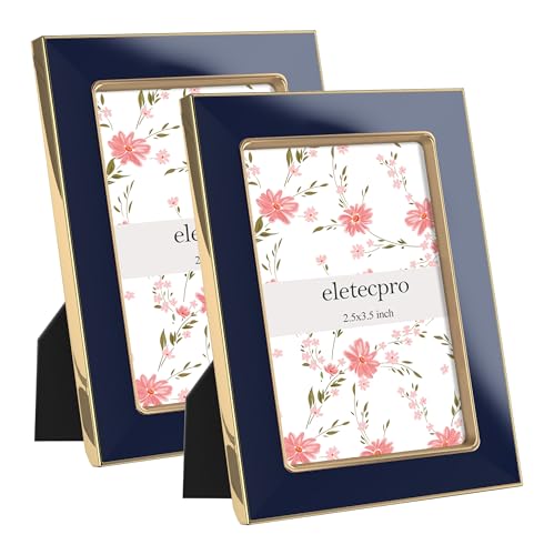 Image of eletecpro 2.5x3.5 Enamel Picture Frame Set of 2 with Real Glass Cover, Photo Frame with Gold Metal Edge, Horizontal and Vertical Display Pictures 2.5 by 3.5 for Tabletop and Wall Decor, Navy