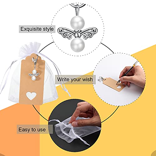 48 Set Angel Favors Pearl Keychains White Organza Bags Blank Tags Baby Shower Guest Return Birthday Decoration (White) #TOP1