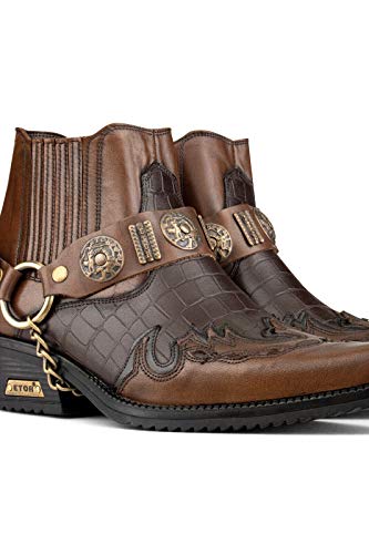 Men's Leather Crocodile Design Cowboy Western Ankle Boots with Cuban Heels and Metal Chain3