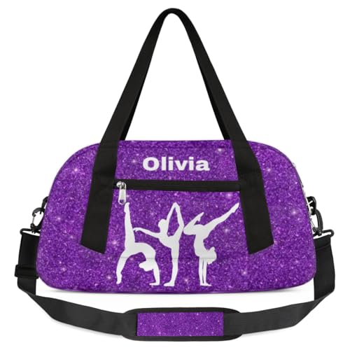 Personalized Kids Duffel Bags for Girls, Personalized Custom Sports Gym Bag, Customized Kids Travel Duffel Bag Girls Dance Bag Weekender Overnight Bag for Kids, Purple Glitter 14