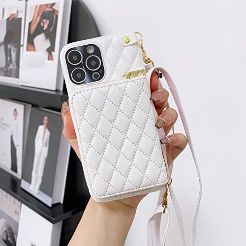 DRXVE Monedero de Cuero con Cremallera para iPhone 14 Pro MAX 14Plus 13 11 12 Crossbody Cordón Hombro Tarjetas Bolsa de cosméticos, Blanco, para iPhone 11