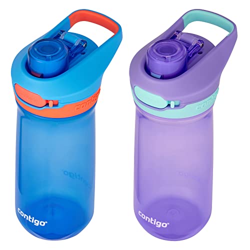 Contigo Jessie Kids Water Bottle With Leak-Proof Lid, 14Oz Dishwasher-Safe Kids Water Bottle, Fits Most Cup Holders, 2-Pack Blue Poppy/Coral & Amethyst/Jade #TOP1