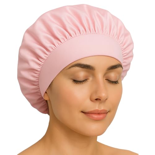 BIZBUY Satin Bonnet for Sleeping, Night Hair Caps with Wide Elastic Band, Silk Bonnet for Long and Curly Hair - Pink