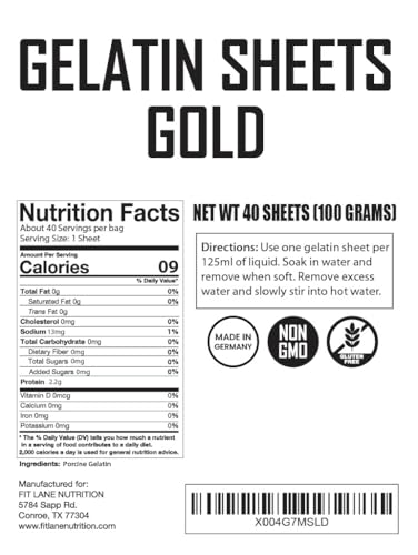 Gold Gelatin Sheets for Baking – 40 Count (100 Grams) – Unflavored Clear Leaf Rectangles for Desserts – 200 Bloom Strength – Product of Germany – Easy to Use – by Fit Lane Nutrition