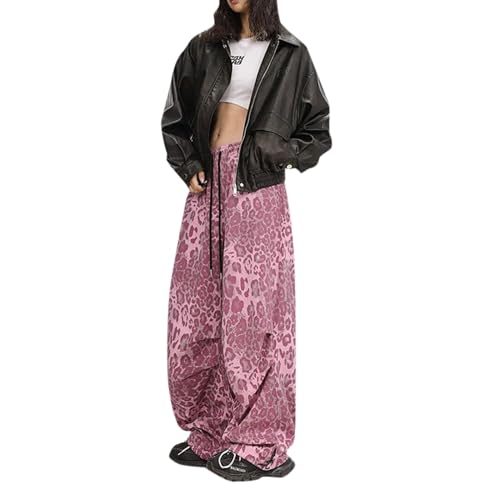 Pantalon parachute Y2K femme taille haute style cargo streetwear à motif léopard